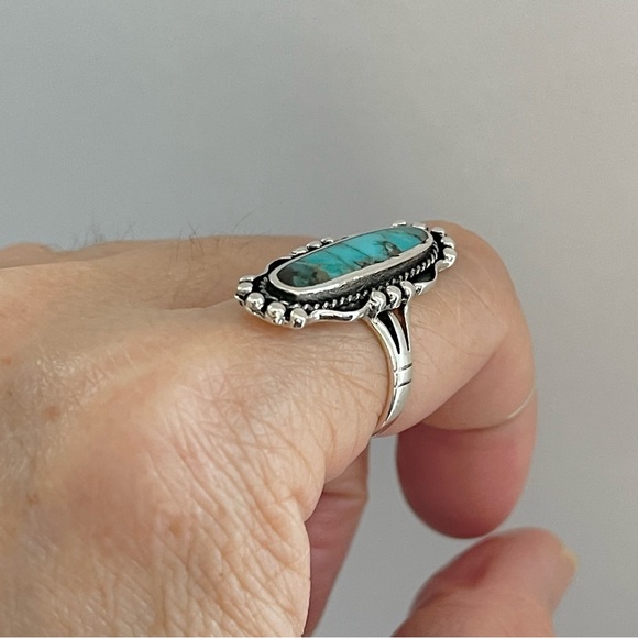 Sterling Silver Long Oval Genuine Turquoise Ring, Boho Ring, Silver Rings - Picture 12 of 12